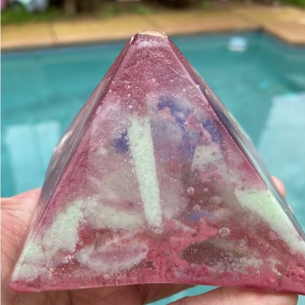 Handmade Cast Glass Pyramid Pink And Green Fused Art Glass  3.5” X 3”